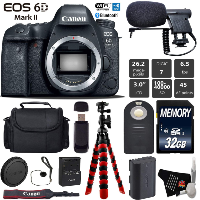 Canon EOS 6D Mark II DSLR Camera (Body Only) + Wireless Remote + Condenser Microphone + Case + Wrist Strap + Tripod Starter Bundle (International Mode