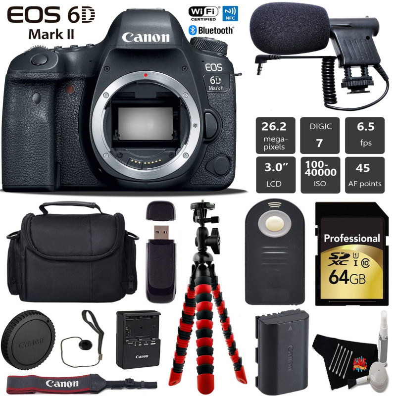 Canon EOS 6D Mark II DSLR Camera (Body Only) + Wireless Remote + Condenser Microphone + Case + Wrist Strap + Tripod Pro Bundle (International Model)