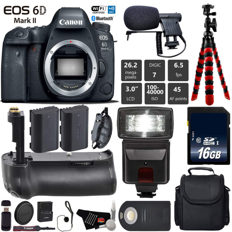 Canon EOS 6D Mark II DSLR Camera (Body Only) + Professional Battery Grip + Condenser Microphone + Flash + Extra Battery Base Bundle (International Mod