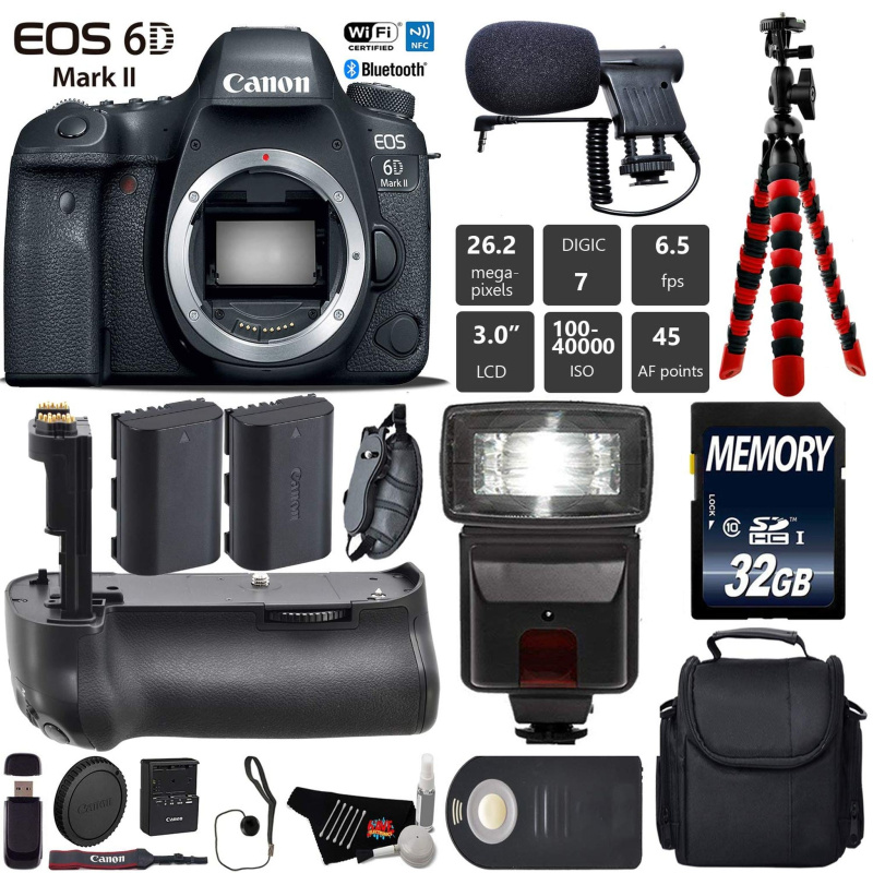 Canon EOS 6D Mark II DSLR Camera (Body Only) + Professional Battery Grip + Condenser Microphone + Flash + Extra Battery Starter Bundle (International