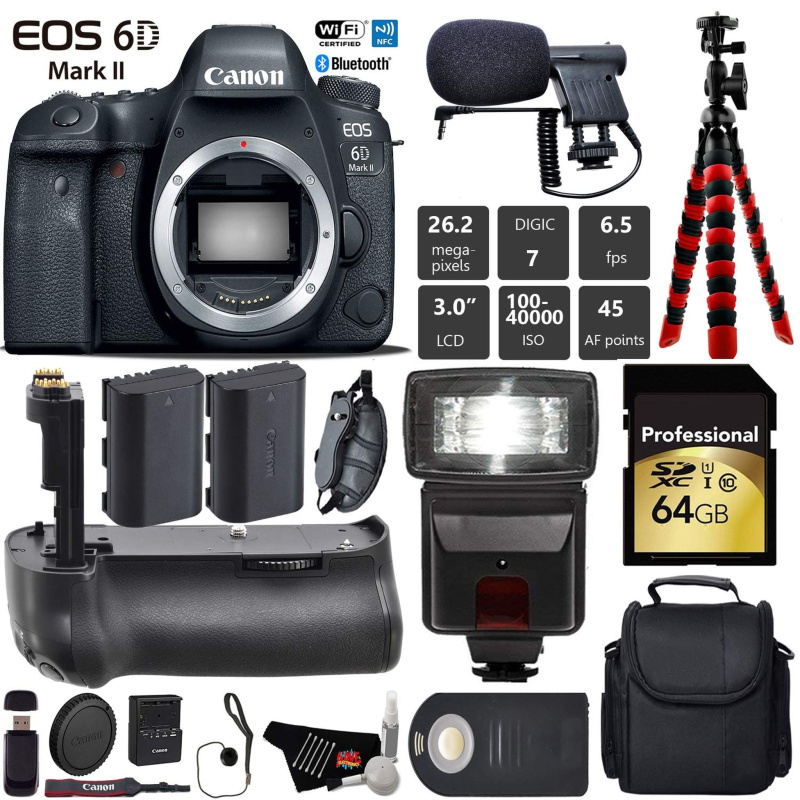 Canon EOS 6D Mark II DSLR Camera (Body Only) + Professional Battery Grip + Condenser Microphone + Flash + Extra Battery Pro Bundle (International Mode