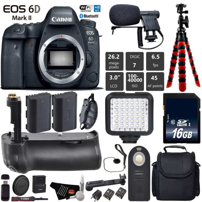 Canon EOS 6D Mark II DSLR Camera (Body Only) + Professional Battery Grip + Condenser Microphone + LED Kit + Extra Battery Base Bundle (International M