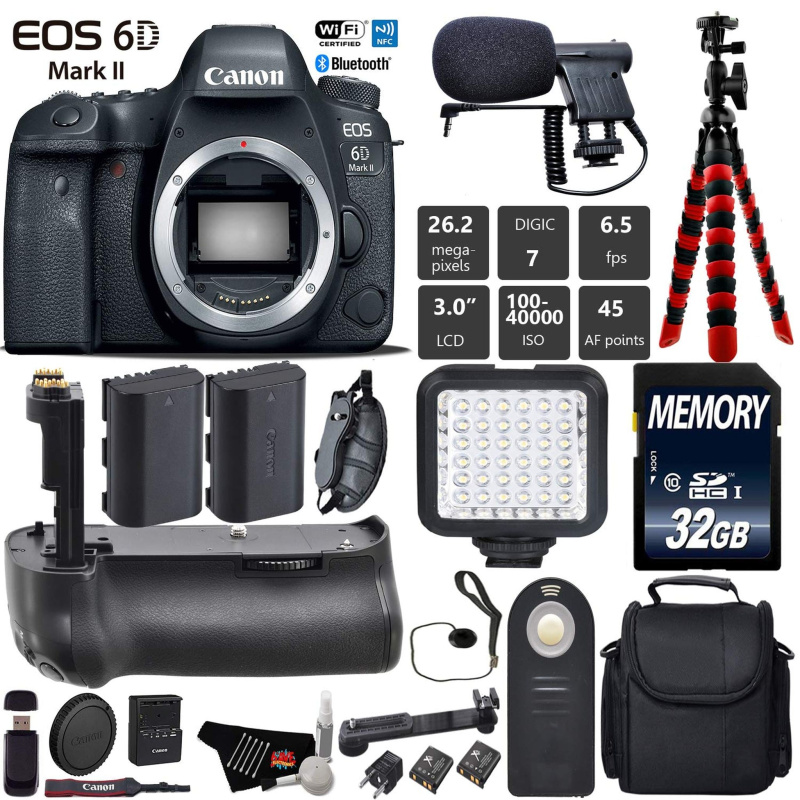 Canon EOS 6D Mark II DSLR Camera (Body Only) + Professional Battery Grip + Condenser Microphone + LED Kit + Extra Battery Starter Bundle (Internationa