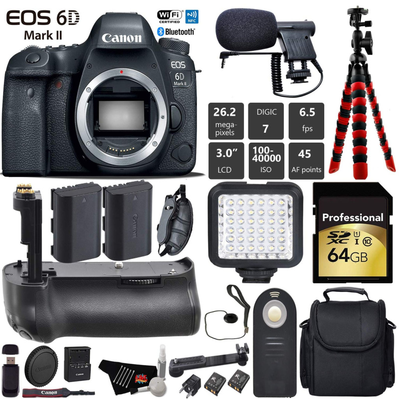 Canon EOS 6D Mark II DSLR Camera (Body Only) + Professional Battery Grip + Condenser Microphone + LED Kit + Extra Battery Pro Bundle (International Mo