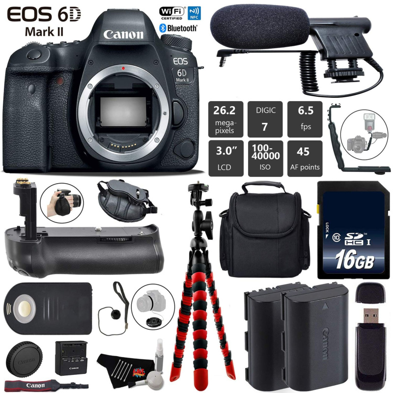 Canon EOS 6D Mark II DSLR Camera (Body Only) + Professional Battery Grip + Condenser Microphone + Extra Battery + Case Base Bundle (International Mode