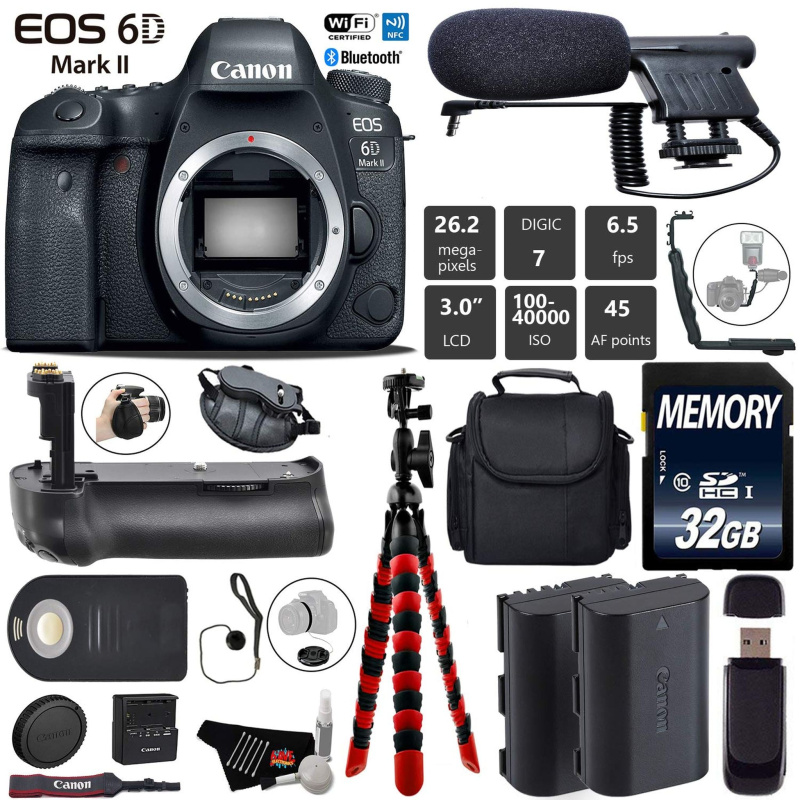 Canon EOS 6D Mark II DSLR Camera (Body Only) + Professional Battery Grip + Condenser Microphone + Extra Battery + Case Starter Bundle (International M