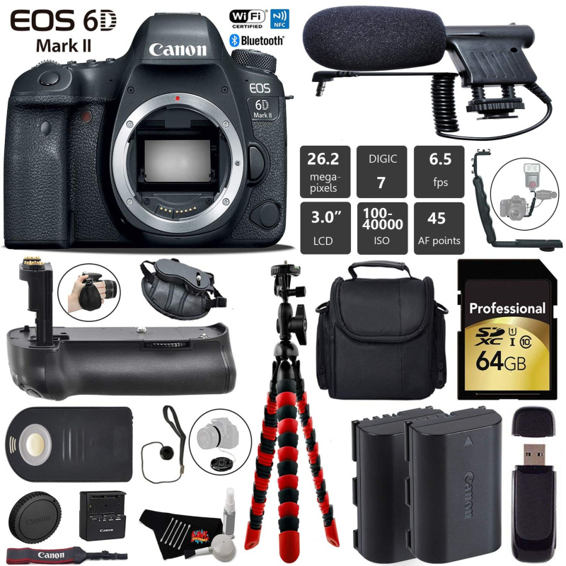 Canon EOS 6D Mark II DSLR Camera (Body Only) + Professional Battery Grip + Condenser Microphone + Extra Battery + Case Pro Bundle (International Model