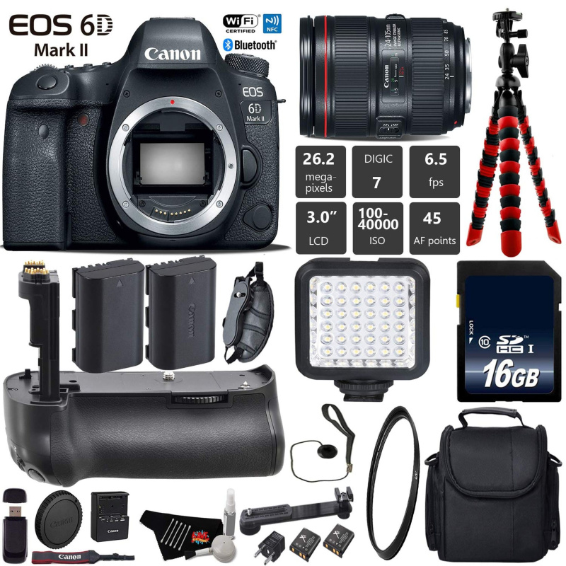 Canon EOS 6D Mark II DSLR Camera with 24-105mm f/4L II Lens + Professional Battery Grip + UV Filter + LED Kit Base Bundle (International Model)
