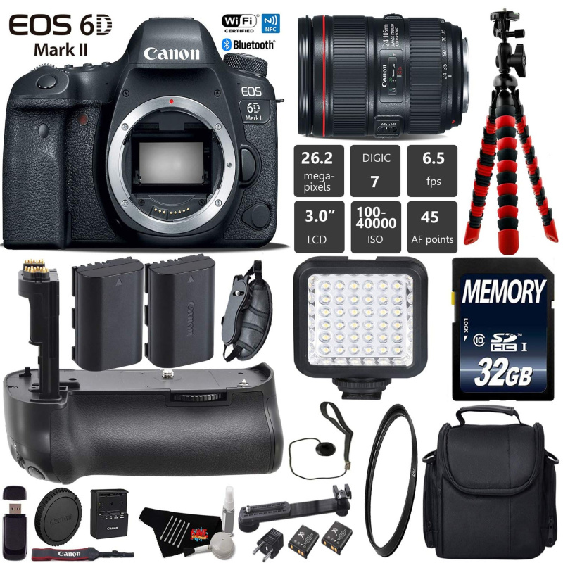 Canon EOS 6D Mark II DSLR Camera with 24-105mm f/4L II Lens + Professional Battery Grip + UV Filter + LED Kit Starter Bundle (International Model)
