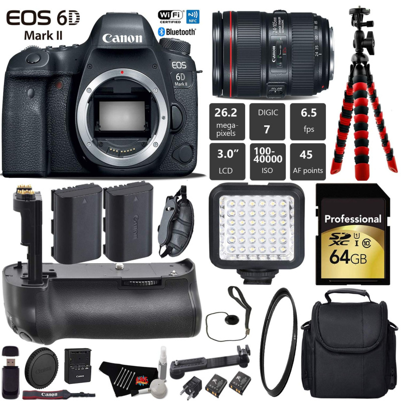 Canon EOS 6D Mark II DSLR Camera with 24-105mm f/4L II Lens + Professional Battery Grip + UV Filter + LED Kit Pro Bundle (International Model)