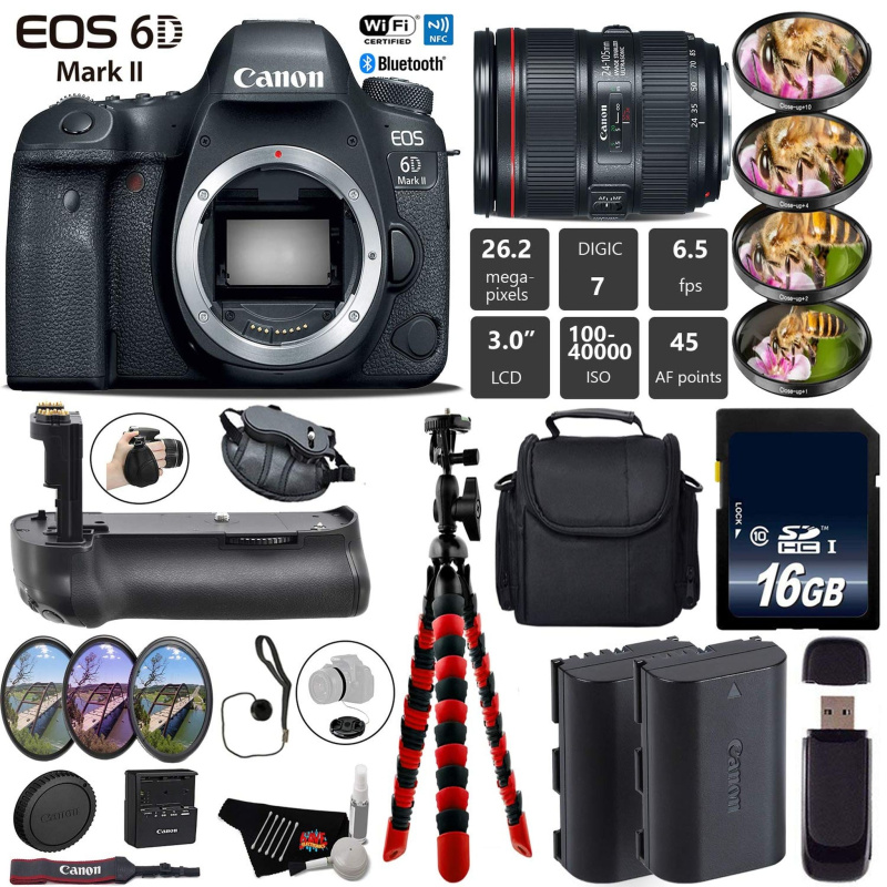 Canon EOS 6D Mark II DSLR Camera with 24-105mm f/4L II Lens + Professional Battery Grip + 4PC Macro Filter Kit + LED Kit Base Bundle (International Mo