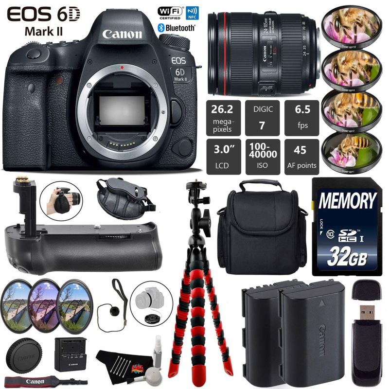 Canon EOS 6D Mark II DSLR Camera with 24-105mm f/4L II Lens + Professional Battery Grip + 4PC Macro Filter Kit + LED Kit Starter Bundle (International