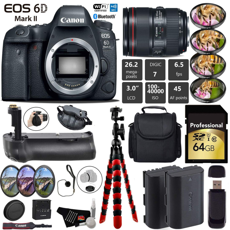 Canon EOS 6D Mark II DSLR Camera with 24-105mm f/4L II Lens + Professional Battery Grip + 4PC Macro Filter Kit + LED Kit Pro Bundle (International Mod