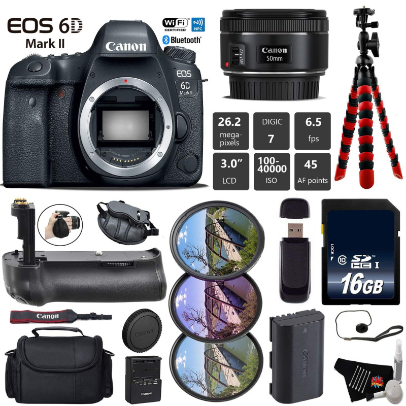 Canon EOS 6D Mark II DSLR Camera with 50mm f/1.8 STM Lens + Professional Battery Grip + UV FLD CPL Filter Kit + Case Base Bundle (International Model)