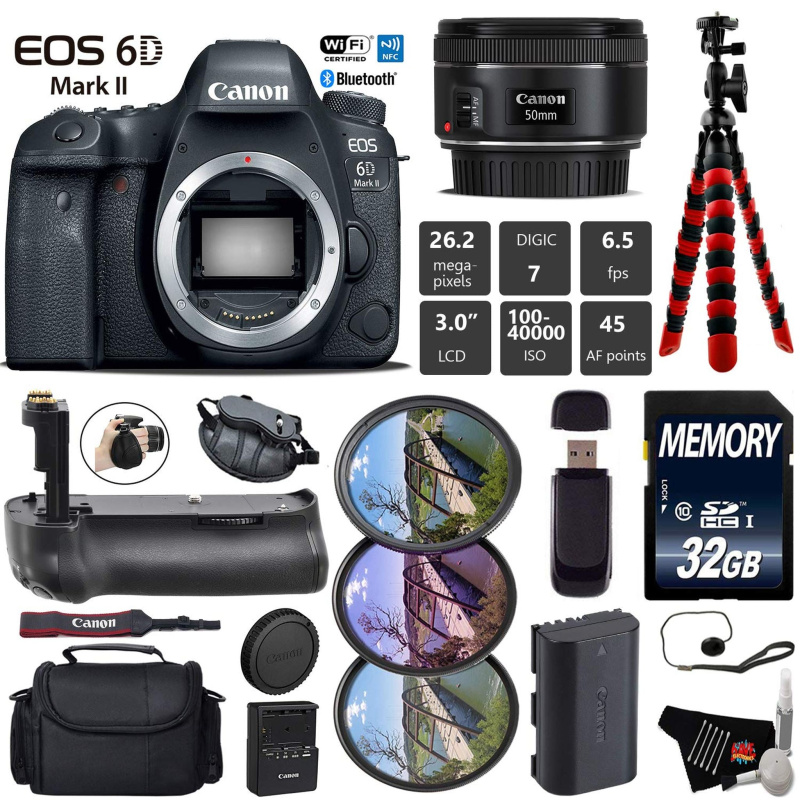 Canon EOS 6D Mark II DSLR Camera with 50mm f/1.8 STM Lens + Professional Battery Grip + UV FLD CPL Filter Kit + Case Starter Bundle (International Mod