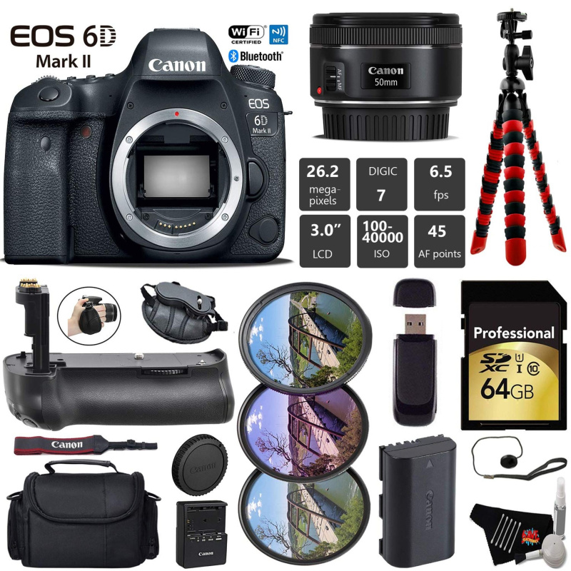 Canon EOS 6D Mark II DSLR Camera with 50mm f/1.8 STM Lens + Professional Battery Grip + UV FLD CPL Filter Kit + Case Pro Bundle (International Model)