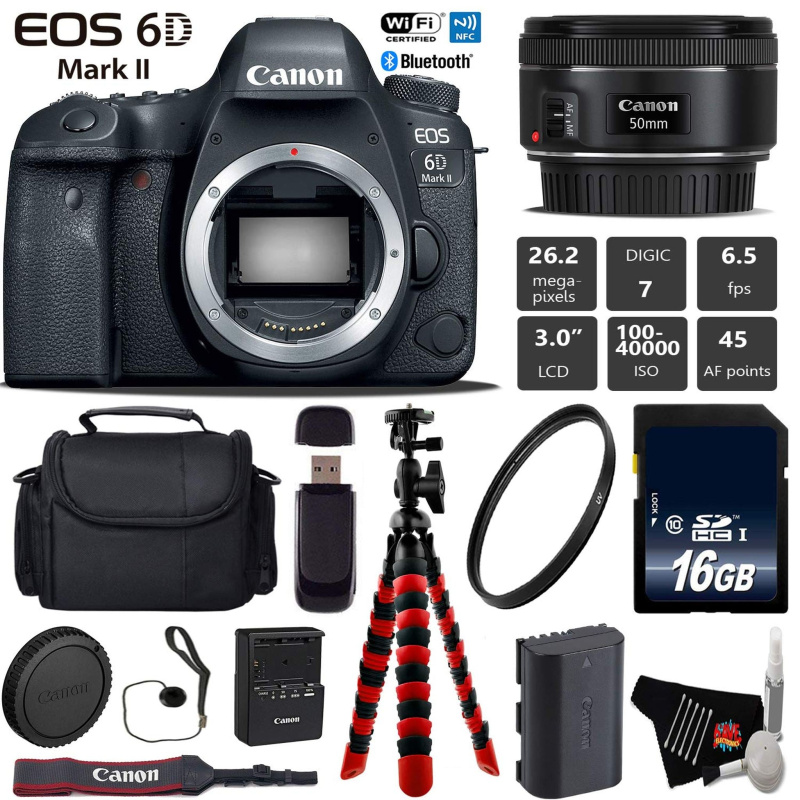 Canon EOS 6D Mark II DSLR Camera with 50mm f/1.8 STM Lens + Wireless Remote + UV Protection Filter + Case + Wrist Strap Base Bundle (International Mod