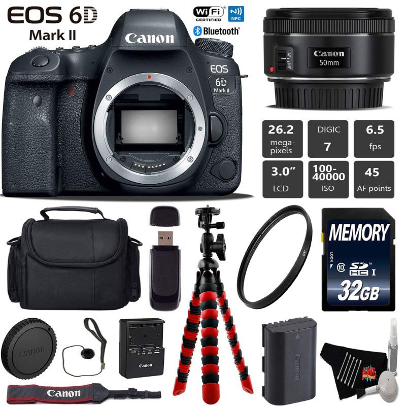 Canon EOS 6D Mark II DSLR Camera with 50mm f/1.8 STM Lens + Wireless Remote + UV Protection Filter + Case + Wrist Strap Starter Bundle (International