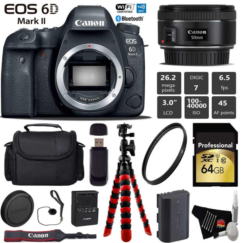 Canon EOS 6D Mark II DSLR Camera with 50mm f/1.8 STM Lens + Wireless Remote + UV Protection Filter + Case + Wrist Strap Pro Bundle (International Mode