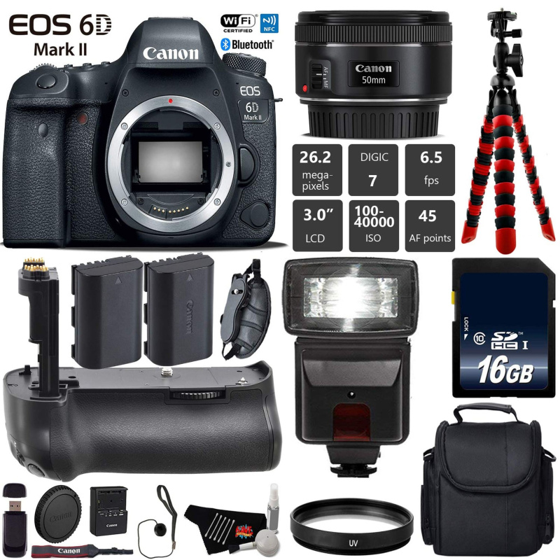 Canon EOS 6D Mark II DSLR Camera With 50mm f/1.8 STM Lens + Professional Battery Grip + UV Protection Filter + Flash Base Bundle (International Model)