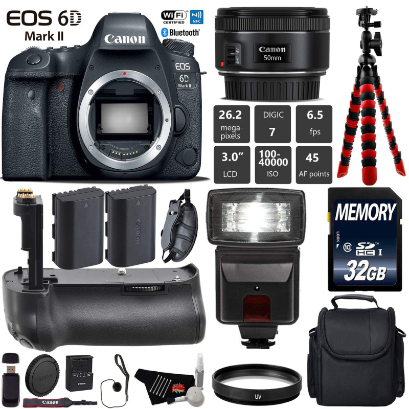 Canon EOS 6D Mark II DSLR Camera With 50mm f/1.8 STM Lens + Professional Battery Grip + UV Protection Filter + Flash Starter Bundle (International Mod