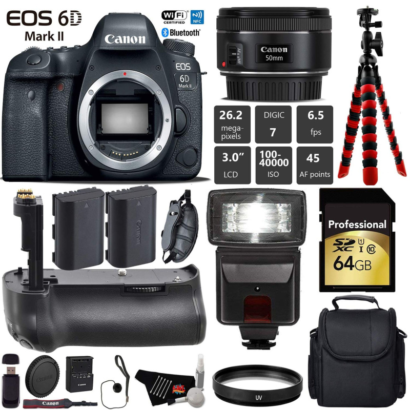 Canon EOS 6D Mark II DSLR Camera With 50mm f/1.8 STM Lens + Professional Battery Grip + UV Protection Filter + Flash Pro Bundle (International Model)