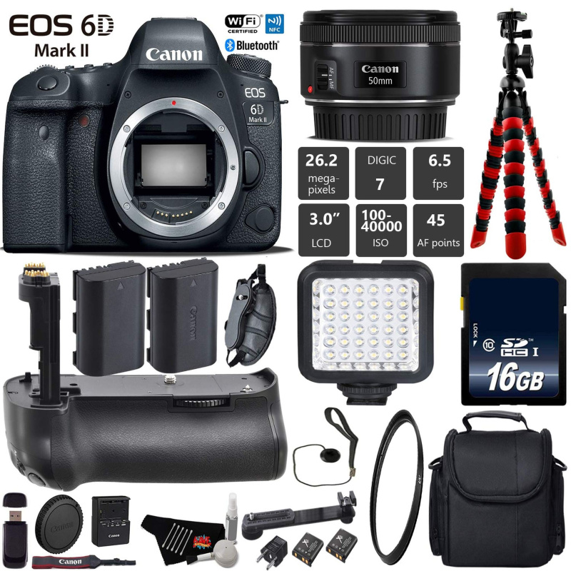 Canon EOS 6D Mark II DSLR Camera With 50mm 1.8 STM Lens + Professional Battery Grip + UV Protection Filter + LED Kit Base Bundle (International Model)