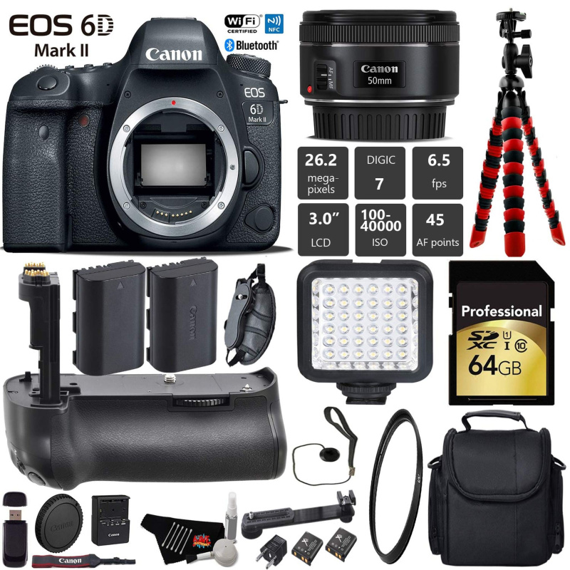 Canon EOS 6D Mark II DSLR Camera With 50mm 1.8 STM Lens + Professional Battery Grip + UV Protection Filter + LED Kit Pro Bundle (International Model)