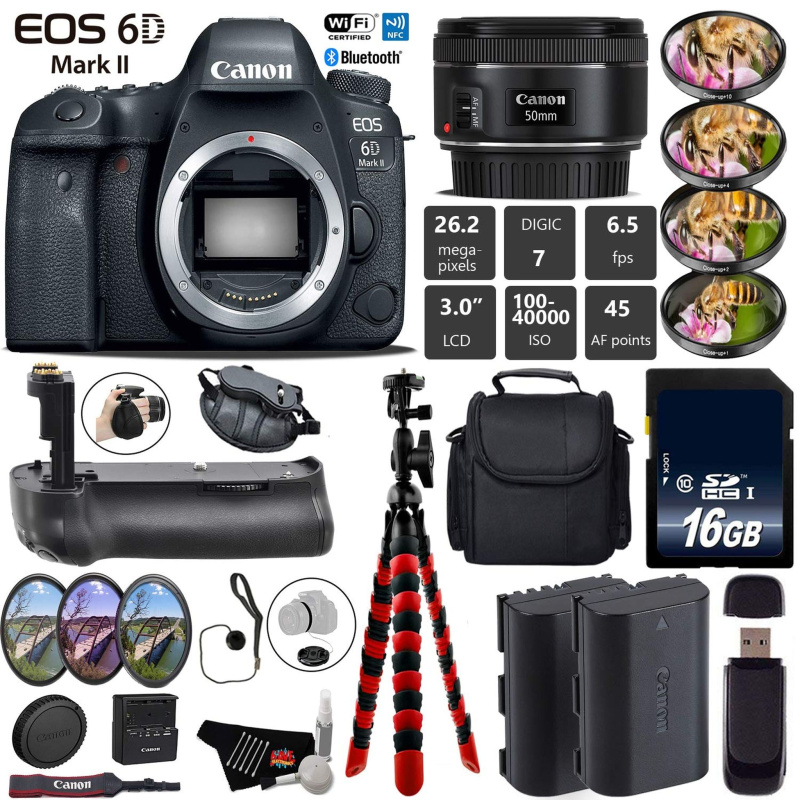 Canon EOS 6D Mark II DSLR Camera With 50mm 1.8 STM Lens + Professional Battery Grip + 4PC Macro Filter Kit + LED Kit Base Bundle (International Model)
