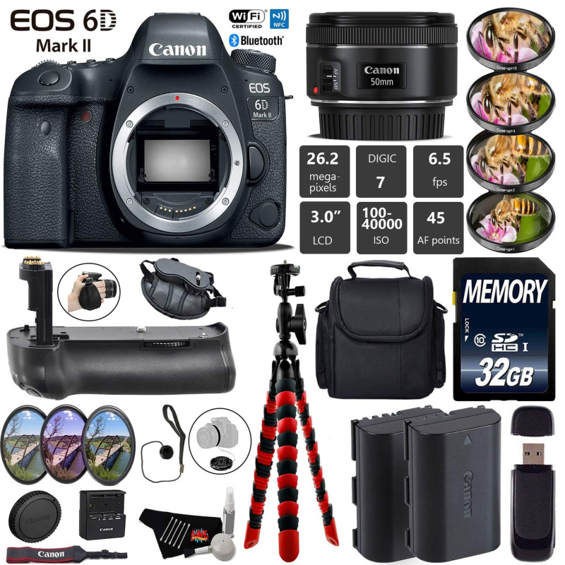 Canon EOS 6D Mark II DSLR Camera With 50mm 1.8 STM Lens + Professional Battery Grip + 4PC Macro Filter Kit + LED Kit Starter Bundle (International Mod