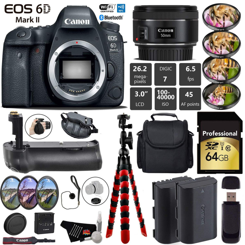 Canon EOS 6D Mark II DSLR Camera With 50mm 1.8 STM Lens + Professional Battery Grip + 4PC Macro Filter Kit + LED Kit Pro Bundle (International Model)