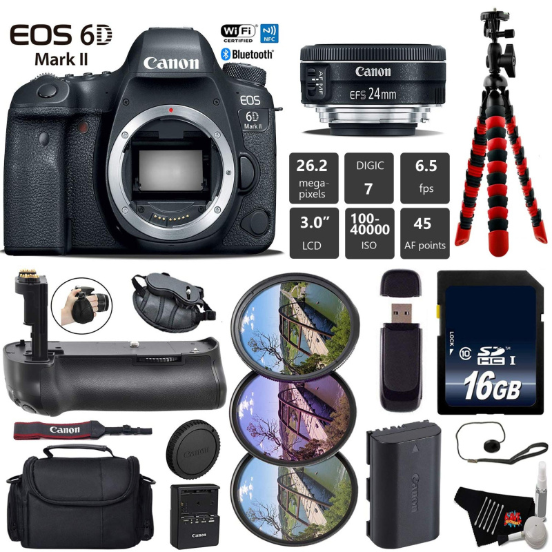 Canon EOS 6D Mark II DSLR Camera with 24mm f/2.8 STM Lens + Professional Battery Grip + UV FLD CPL Filter Kit + Case Base Bundle (International Model)