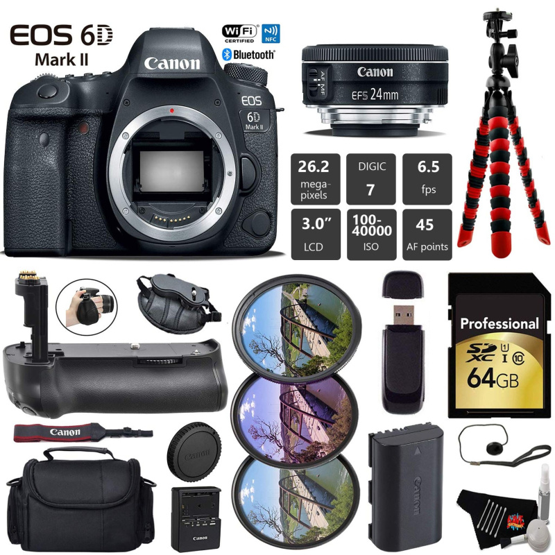 Canon EOS 6D Mark II DSLR Camera with 24mm f/2.8 STM Lens + Professional Battery Grip + UV FLD CPL Filter Kit + Case Pro Bundle (International Model)