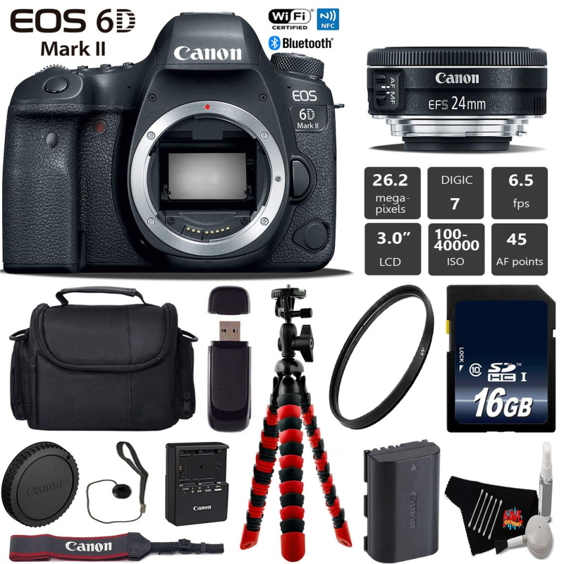 Canon EOS 6D Mark II DSLR Camera with 24mm f/2.8 STM Lens + Wireless Remote + UV Protection Filter + Case + Wrist Strap Base Bundle (International Mod