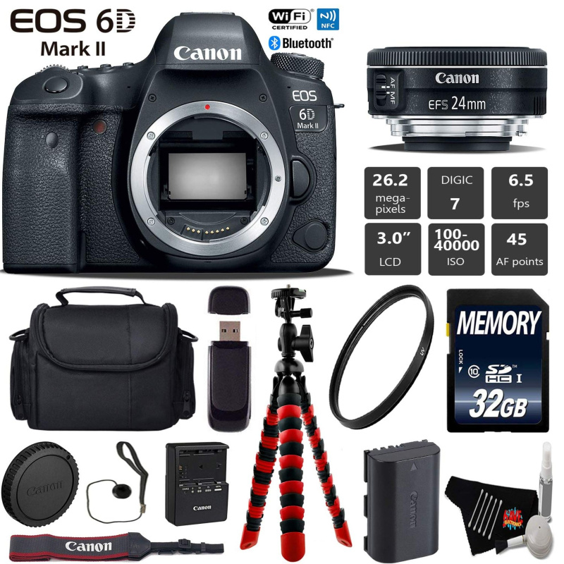Canon EOS 6D Mark II DSLR Camera with 24mm f/2.8 STM Lens + Wireless Remote + UV Protection Filter + Case + Wrist Strap Starter Bundle (International
