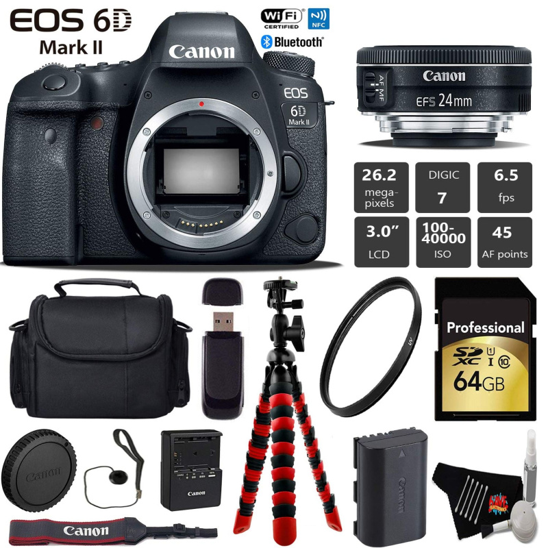 Canon EOS 6D Mark II DSLR Camera with 24mm f/2.8 STM Lens + Wireless Remote + UV Protection Filter + Case + Wrist Strap Pro Bundle (International Mode