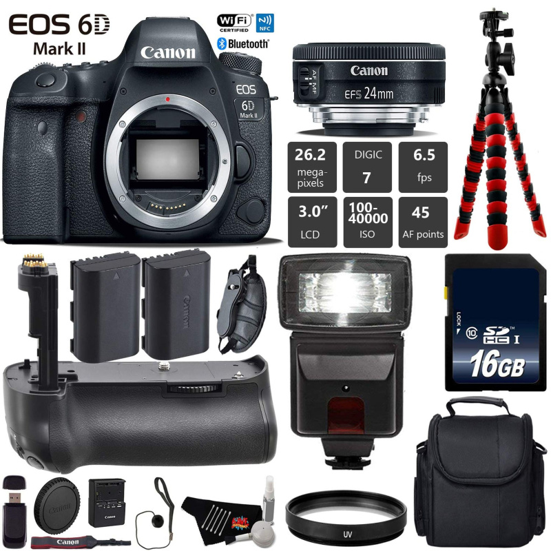 Canon EOS 6D Mark II DSLR Camera With 24mm f/2.8 STM Lens + Professional Battery Grip + UV Protection Filter + Flash Base Bundle (International Model)