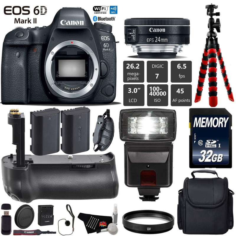Canon EOS 6D Mark II DSLR Camera With 24mm f/2.8 STM Lens + Professional Battery Grip + UV Protection Filter + Flash Starter Bundle (International Mod