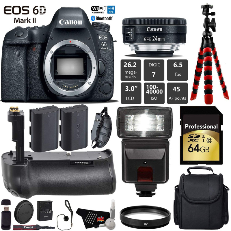 Canon EOS 6D Mark II DSLR Camera With 24mm f/2.8 STM Lens + Professional Battery Grip + UV Protection Filter + Flash Pro Bundle (International Model)