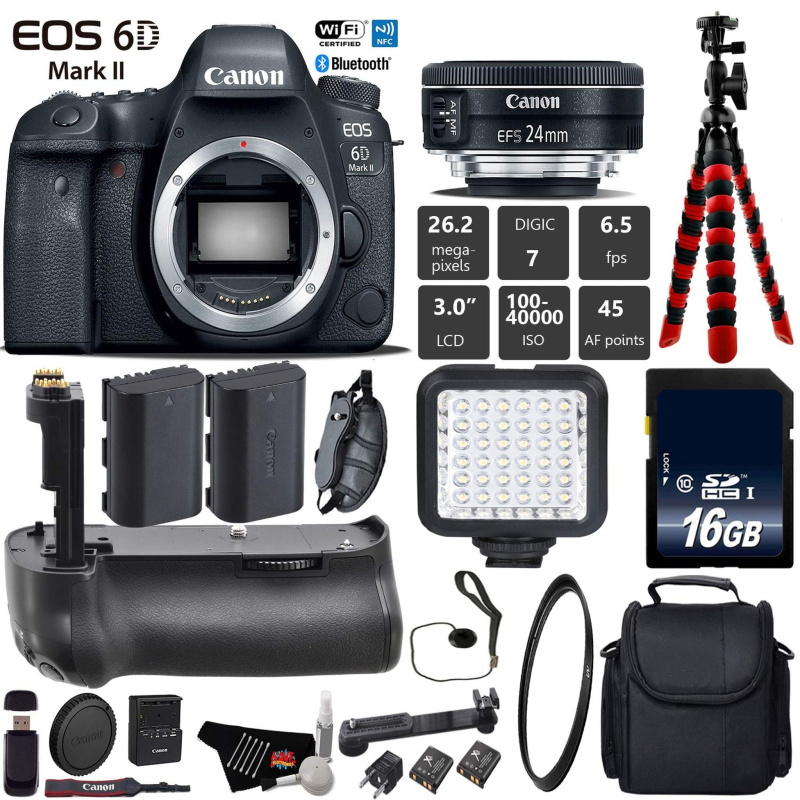 Canon EOS 6D Mark II DSLR Camera With 24mm 2.8 STM Lens + Professional Battery Grip + UV Protection Filter + LED Kit Base Bundle (International Model)