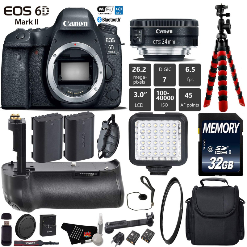 Canon EOS 6D Mark II DSLR Camera With 24mm 2.8 STM Lens + Professional Battery Grip + UV Protection Filter + LED Kit Starter Bundle (International Mod
