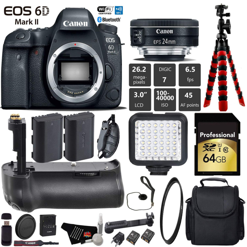 Canon EOS 6D Mark II DSLR Camera With 24mm 2.8 STM Lens + Professional Battery Grip + UV Protection Filter + LED Kit Pro Bundle (International Model)