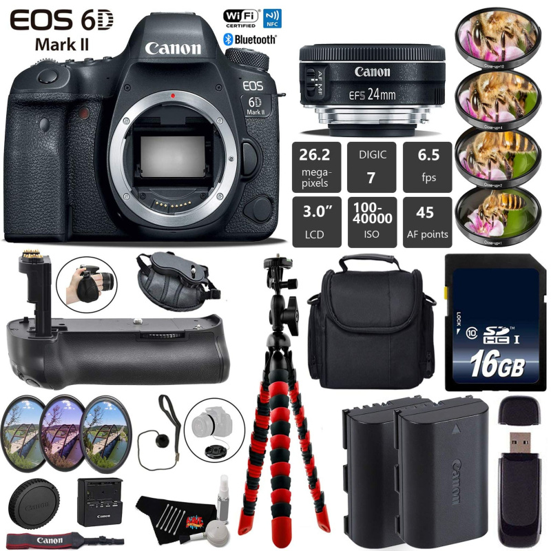 Canon EOS 6D Mark II DSLR Camera With 24mm 2.8 STM Lens + Professional Battery Grip + 4PC Macro Filter Kit + LED Kit Base Bundle (International Model)