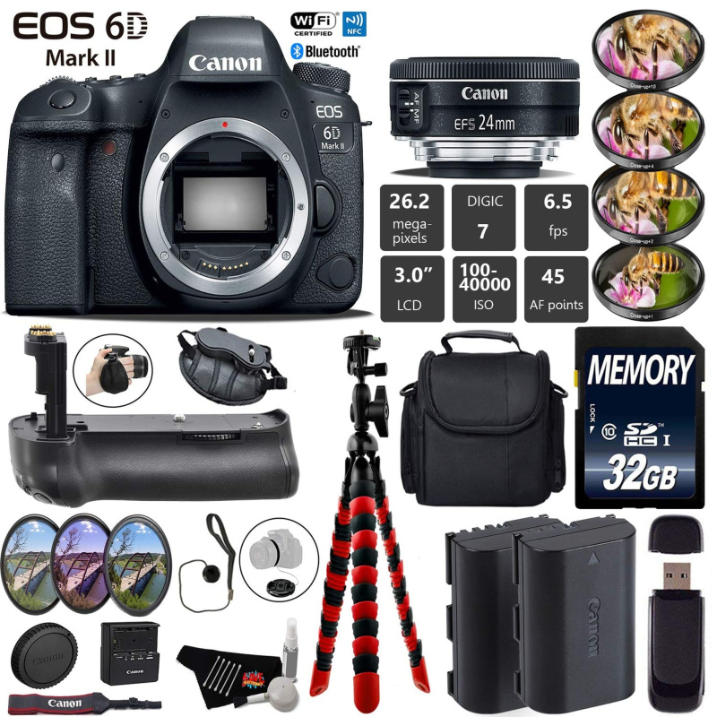 Canon EOS 6D Mark II DSLR Camera With 24mm 2.8 STM Lens + Professional Battery Grip + 4PC Macro Filter Kit + LED Kit Pro Bundle (International Model)