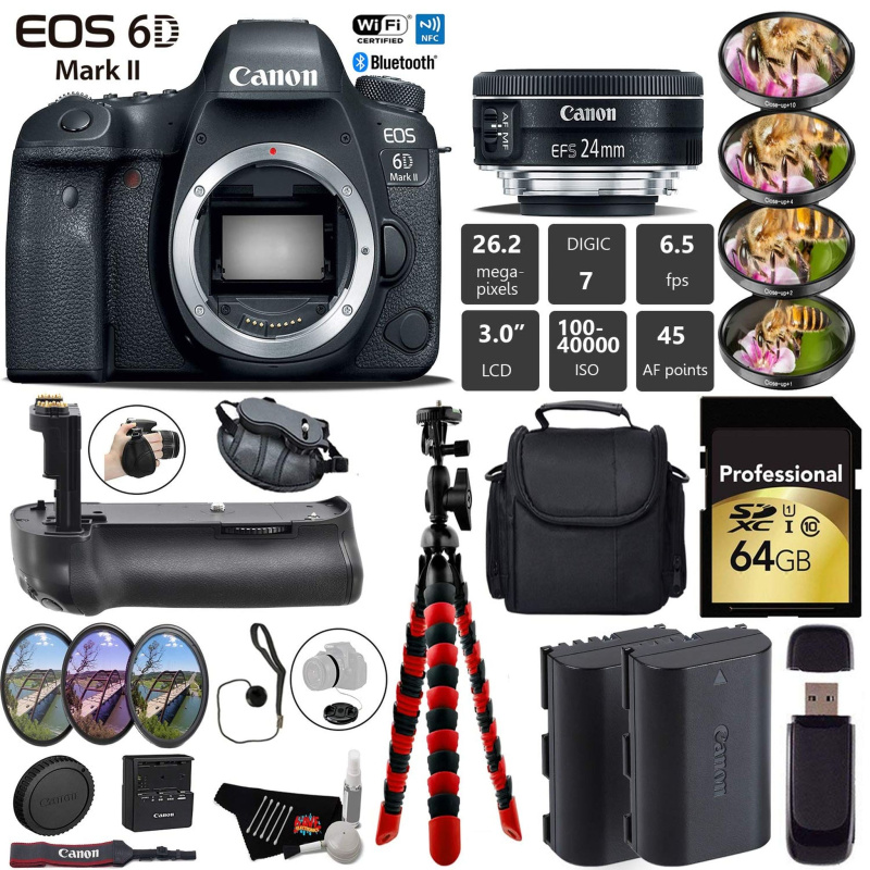 Canon EOS 6D Mark II DSLR Camera With 24mm 2.8 STM Lens + Professional Battery Grip + 4PC Macro Filter Kit + LED Kit Starter Bundle (International Mod