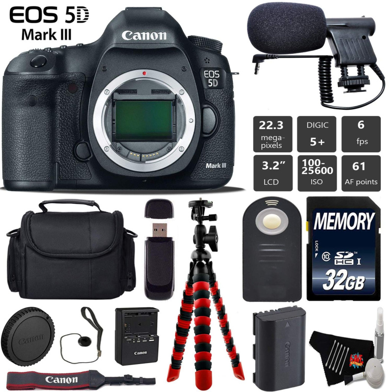 Canon EOS 5D Mark III DSLR Camera (Body Only) + Wireless Remote + Condenser Microphone + Case + Wrist Strap + Tripod Starter Bundle (International Mod