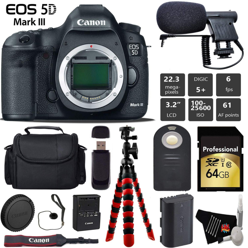 Canon EOS 5D Mark III DSLR Camera (Body Only) + Wireless Remote + Condenser Microphone + Case + Wrist Strap + Tripod Pro Bundle (International Model)