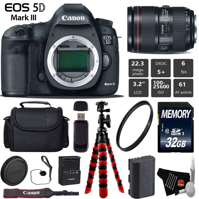 Canon EOS 5D Mark III DSLR Camera with 24-105mm f/4L II Lens + Wireless Remote + UV Protection Filter + Case + Wrist Str (International Model)