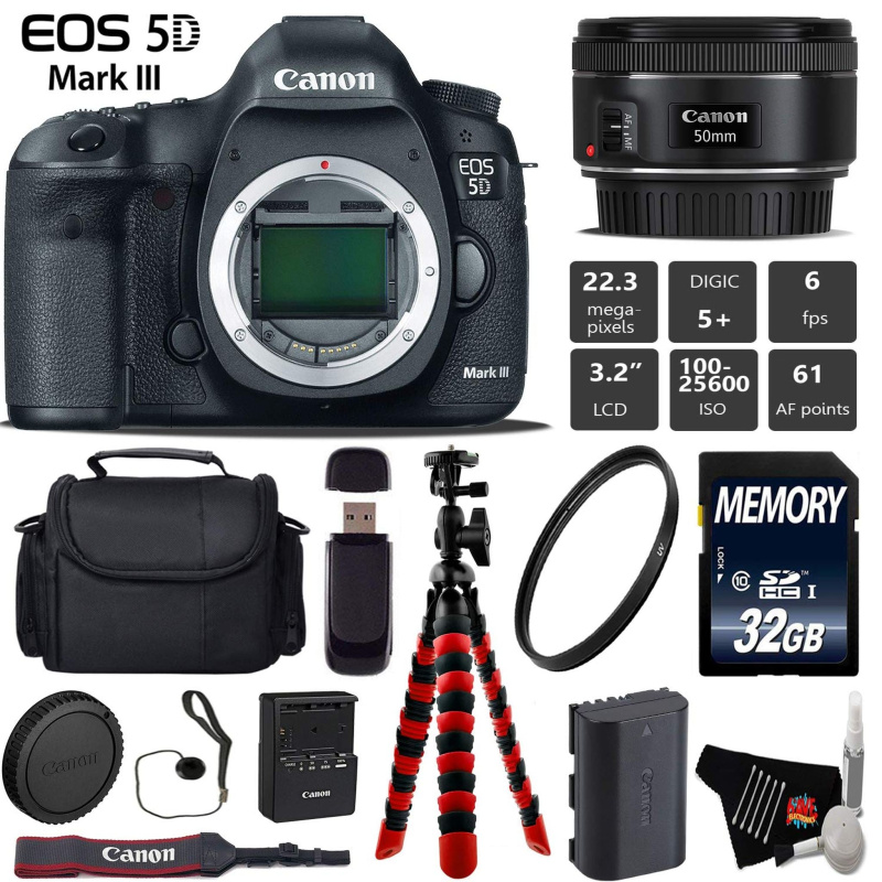 Canon EOS 5D Mark III DSLR Camera with 50mm f/1.8 STM Lens + Wireless Remote + UV Protection Filter + Case + Wrist Strap Starter Bundle (International