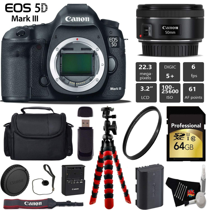 Canon EOS 5D Mark III DSLR Camera with 50mm f/1.8 STM Lens + Wireless Remote + UV Protection Filter + Case + Wrist Strap Pro Bundle (International Mod